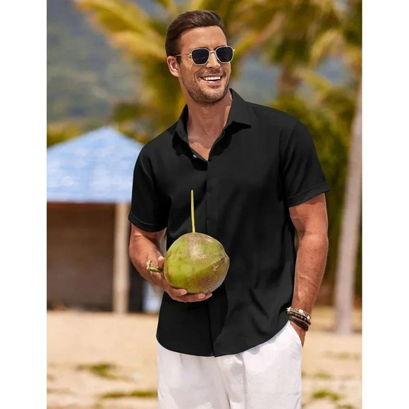 ❤️Men's  Black Shirts Short Sleeve Casual Shirts for Men Beach Summer Shirt - Picture 4 of 6